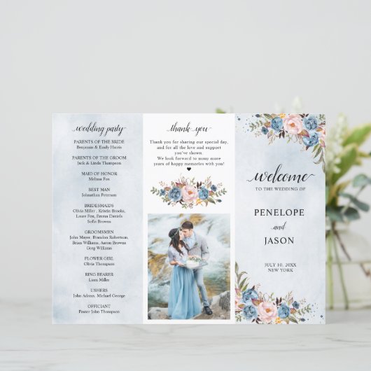 Dusty Blue Peach Blush Botanical Wedding Programme (Staand voorkant)
