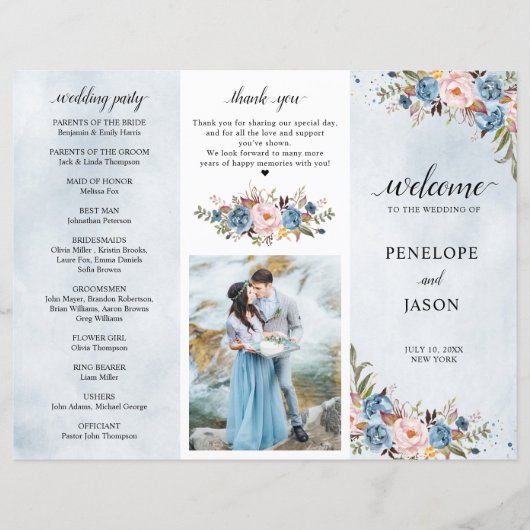 Dusty Blue Peach Blush Botanical Wedding Programme (Voorkant)