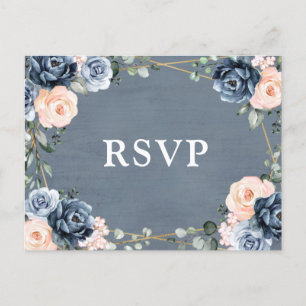 Dusty Blue Peach Blush Geometric Floral RSVP Briefkaart