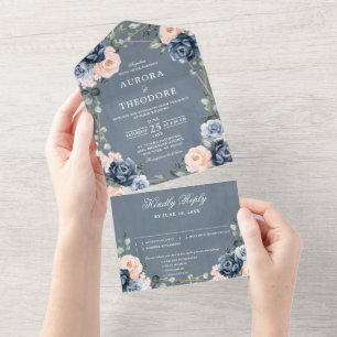Dusty Blue Peach Blush Geometric Floral Wedding All In One Uitnodiging