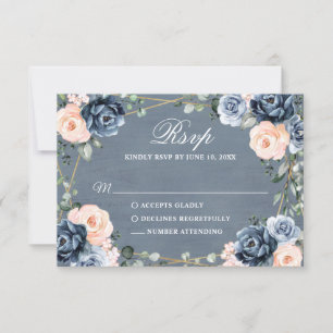 Dusty Blue Peach Blush Geometric Floral Wedding RSVP Kaartje