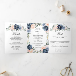 Dusty Blue Peach Blush Geometric Floral Wedding Tr Drieluik Aankondiging