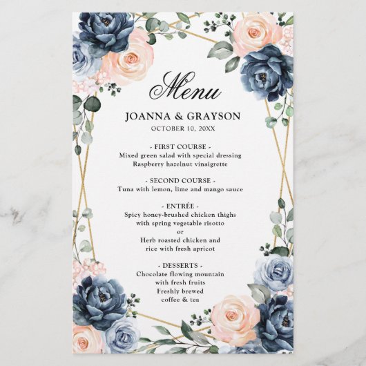 Dusty Blue Peach Blush Geometric Wedding Menu (Voorkant)