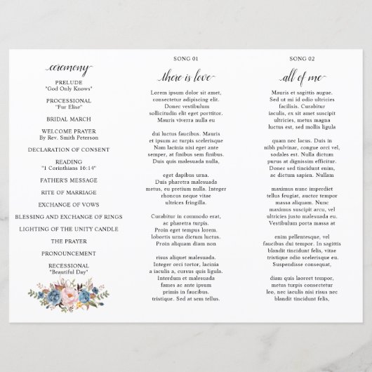 Dusty Blue Peach Blush programme de mariage botani (Dos)