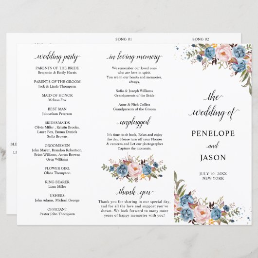 Dusty Blue Peach Blush programme de mariage botani (Devant / Derrière)