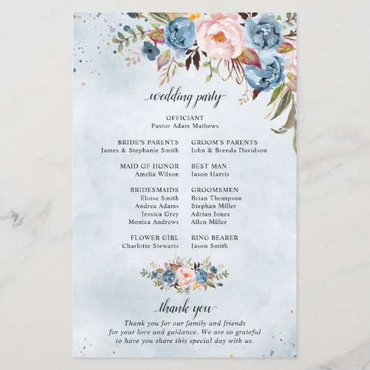 Dusty Blue Peach Blush programme de mariage botani (Dos)