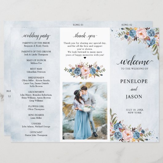 Dusty Blue Peach Blush programme de mariage botani (Devant / Derrière)