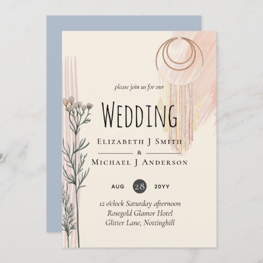 Dusty Blue Peach BOHO Wedding Invitation (Voorkant / Achterkant)