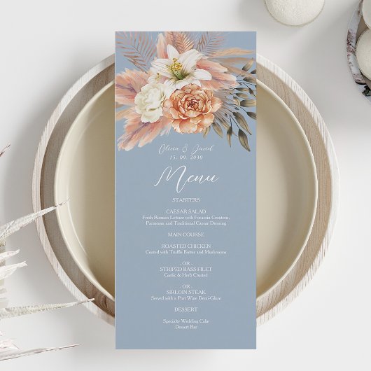 Dusty Blue Peach Floral Wedding Dinner Menu