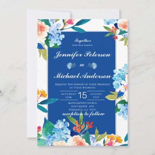 Dusty Blue & Peach Floral Wedding Invitation Kaart (Voorkant)