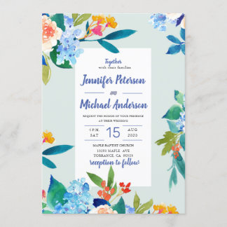 Dusty Blue & Peach Floral Wedding Invitation Kaart