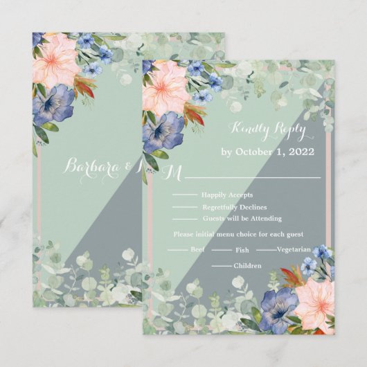Dusty Blue Peach Green Wedding RSVP Kaartje (Voorkant / Achterkant)