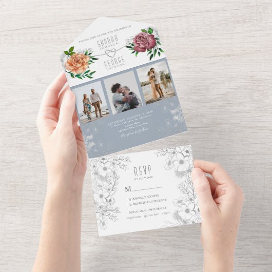 Dusty Blue Peach Pink foto bruiloft uitnodiging (Afscheurbaar)