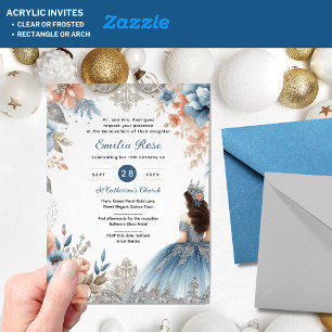 Dusty BLUE Peach Quinceañera Jurk Floral Quince Acryl Uitnodigingen