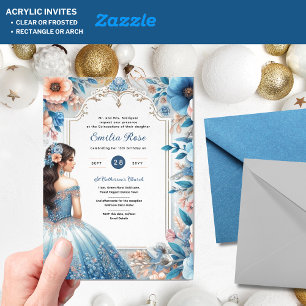 Dusty BLUE Peach Quinceañera Jurk Floral Quince Acryl Uitnodigingen