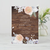 Dusty Blue & Peach rustieke houten bruiloft Kaart (Staand voorkant)