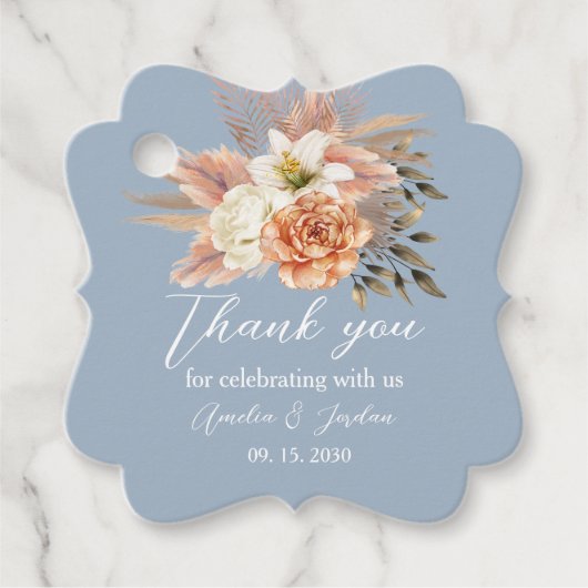Dusty Blue Peach Wedding Dank je wel Bedankjes Labels (Voorkant)