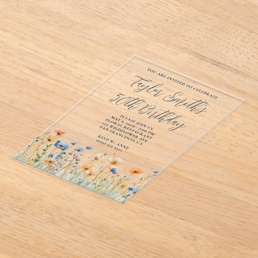 Dusty Blue Peach Wildflowers 50ste verjaardag Acryl Uitnodigingen (Laagn)