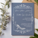 Dusty Blue Peacock Faire-part de mariage fleurie<br><div class="desc">Célébrez votre amour dans l'élégance vibrante avec ce Faire-part de mariage Dusty Blue Peacock Flourish. Encadré de fleurs gracieuses et orné d'un motif paon frappant, ce design allie charme royal et simplicité moderne. Élégant script présente les noms de la mariée et du marié, tandis que la typographie propre et moderne...</div>