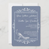 Dusty Blue Peacock Flourish Wedding Invitation Kaart (Voorkant)