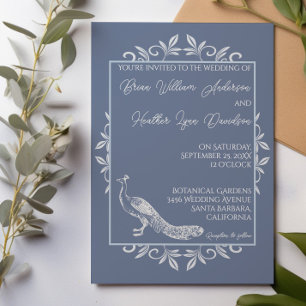 Dusty Blue Peacock Flourish Wedding Invitation Kaart