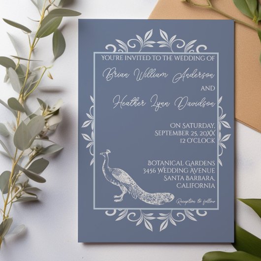 Dusty Blue Peacock Flourish Wedding Invitation Kaart