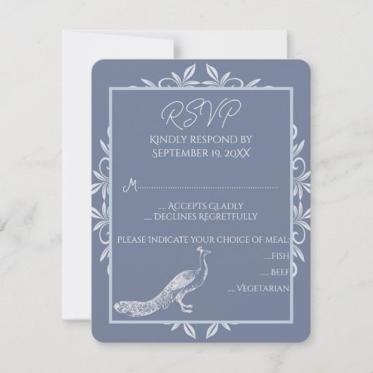 Dusty Blue Peacock Flourish Wedding RSVP Card (Voorkant)