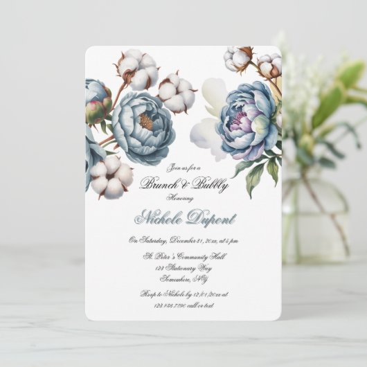 Dusty Blue Peony and Cotton Brunch & Bubbly Kaart (Staand voorkant)
