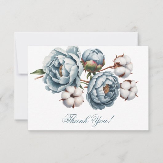 Dusty Blue Peony and Cotton Wedding Bedankkaart (Voorkant)