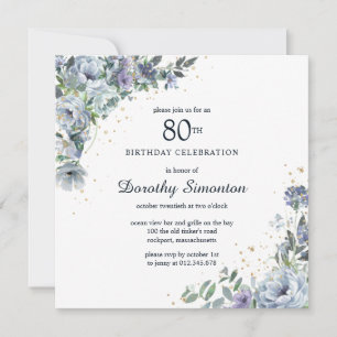 Dusty Blue Peony Floral 80th Birthday Kaart