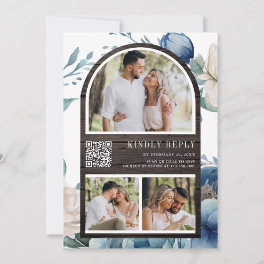 Dusty Blue Peony Mason Jar QR Code Wood Weddenscha Kaart (Achterkant)