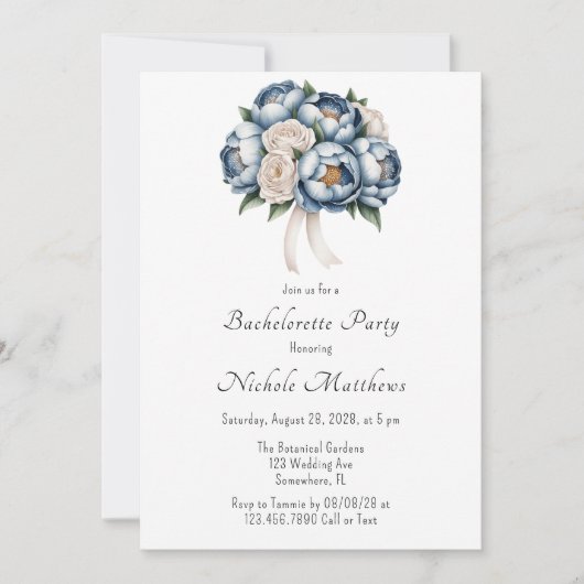 Dusty Blue Peony Roos & Glitter Bachelorette Party Kaart (Voorkant)