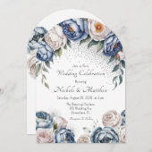 Dusty Blue Peony Roos & Glitter Wedding Kaart (Voorkant / Achterkant)