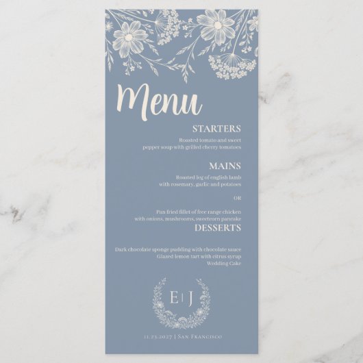 Dusty Blue Periwinkle Wildflower Wedding Menu (Devant)