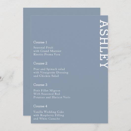 Dusty Blue Personalized Guest Name Wedding Menu (Voorkant / Achterkant)
