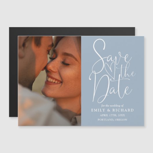 Dusty Blue Photo Elegant Wedding Save the Date Magnetische Uitnodiging (Voorkant / Achterkant)