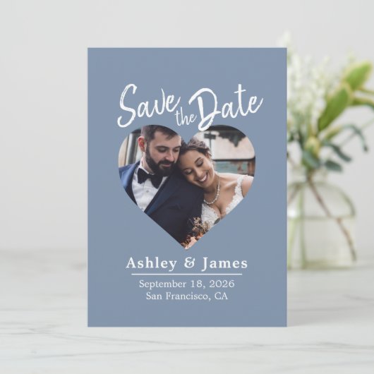 Dusty Blue Photo Modern Script Save the Date (Debout devant)