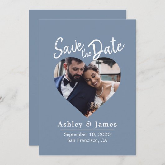 Dusty Blue Photo Modern Script Save the Date (Devant / Derrière)