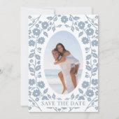 Dusty Blue Photo QR Code Website Folk Floral Save The Date (Voorkant)