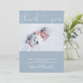 Dusty Blue Photo Signature Script Baptisme Heart Bedankkaart (Staand voorkant)
