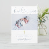 Dusty Blue Photo Signature Script Baptisme Heart Bedankkaart (Staand voorkant)