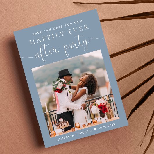 Dusty Blue Photo Wedding Reception Save the Date Aankondiging