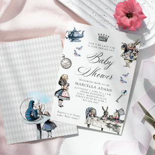 Dusty Blue & Pink Alice in Wonderland Baby shower Kaart