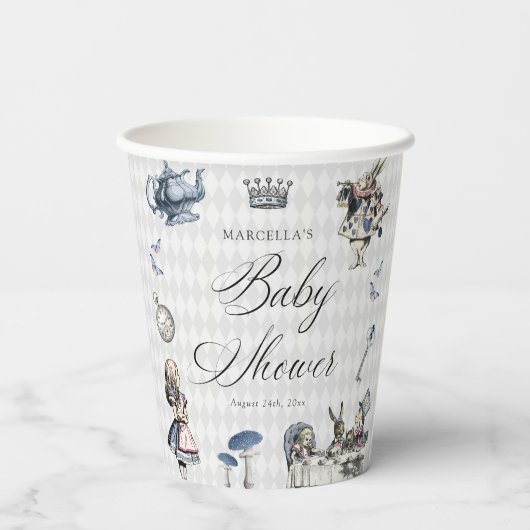 Dusty Blue & Pink Alice in Wonderland Baby shower Papieren Bekers (Achterkant)