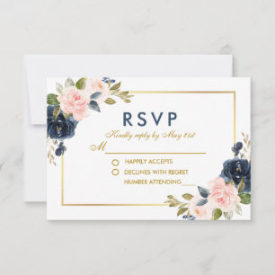Dusty Blue Pink Blush Bloemen Bruiloft Goud RSVP Kaartje