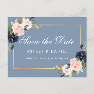Dusty Blue Pink Blush Floral Gold Save the Date Aankondigingskaart