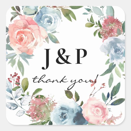 Dusty Blue & Pink Blush Floral Monogram - Wit Vierkante Sticker (Voorkant)
