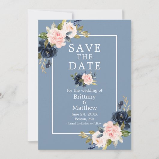 Dusty Blue Pink Blush Floral Save the Date (Voorkant)