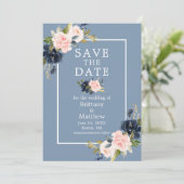 Dusty Blue Pink Blush Floral Save the Date (Staand voorkant)