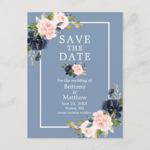 Dusty Blue Pink Blush Floral Save the Date Briefkaart